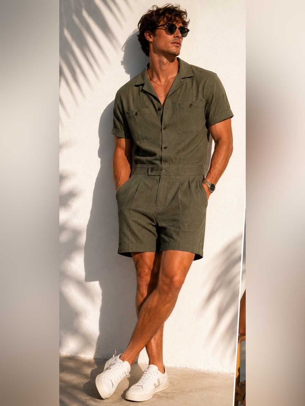 Mr Turk Textured Cotton Blend Utility Romper Olive Green Short Sleeve XL NEW